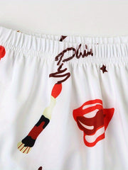Lip & Letter Print Pajama Set Short Sleeve Top & Shorts