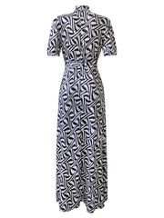 Fluid Print Mock Neck Cut Out Maxi Dress