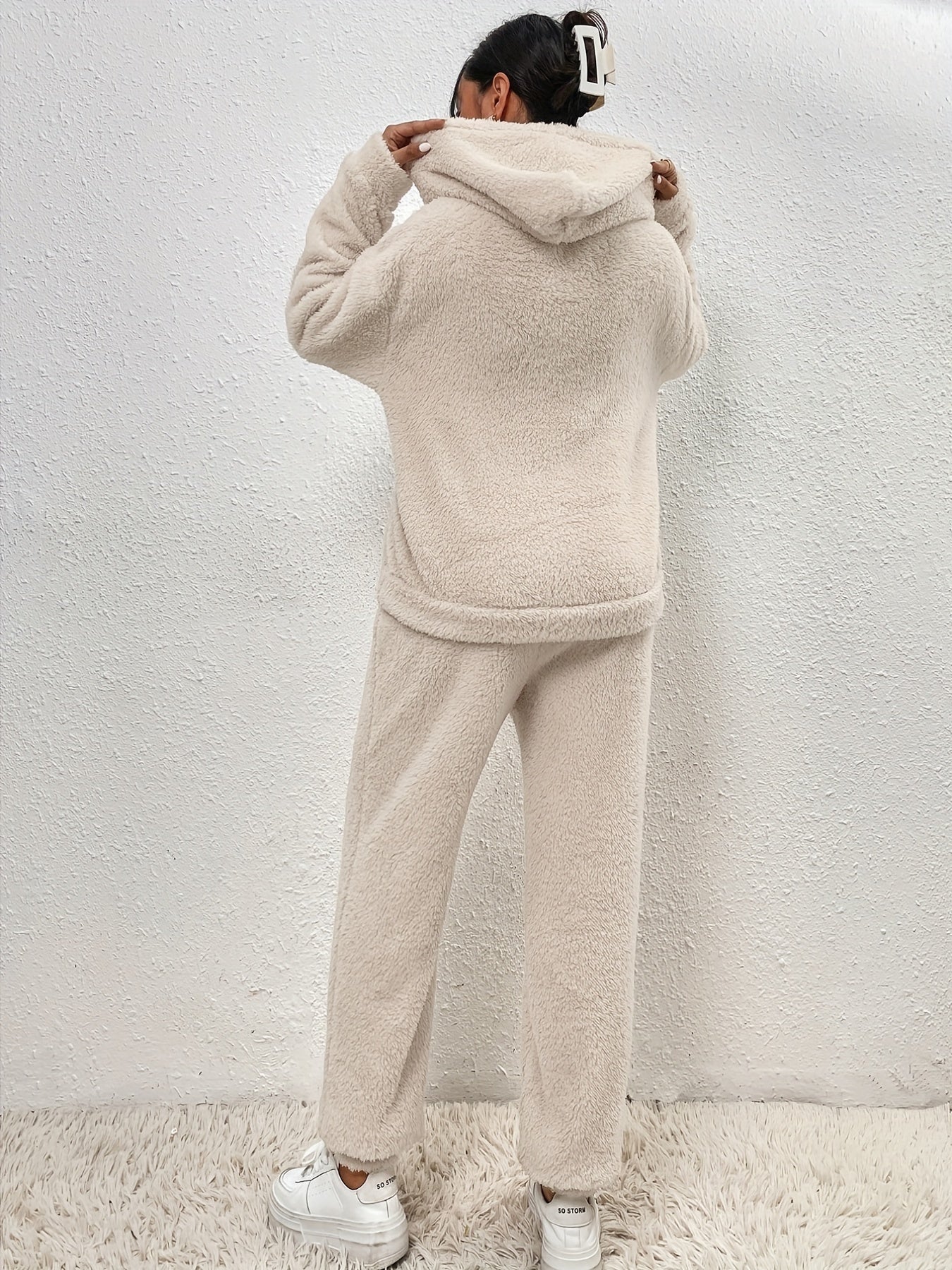 Solid Teddy Two piece Set Long Sleeve Hooded Tops & Warm Pants Outfits