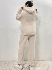 Solid Teddy Two piece Set Long Sleeve Hooded Tops & Warm Pants Outfits