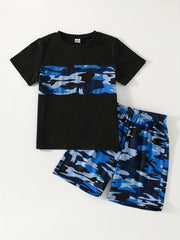 Boy's Camo Casual Outfit Round Neck T shirt & Shorts