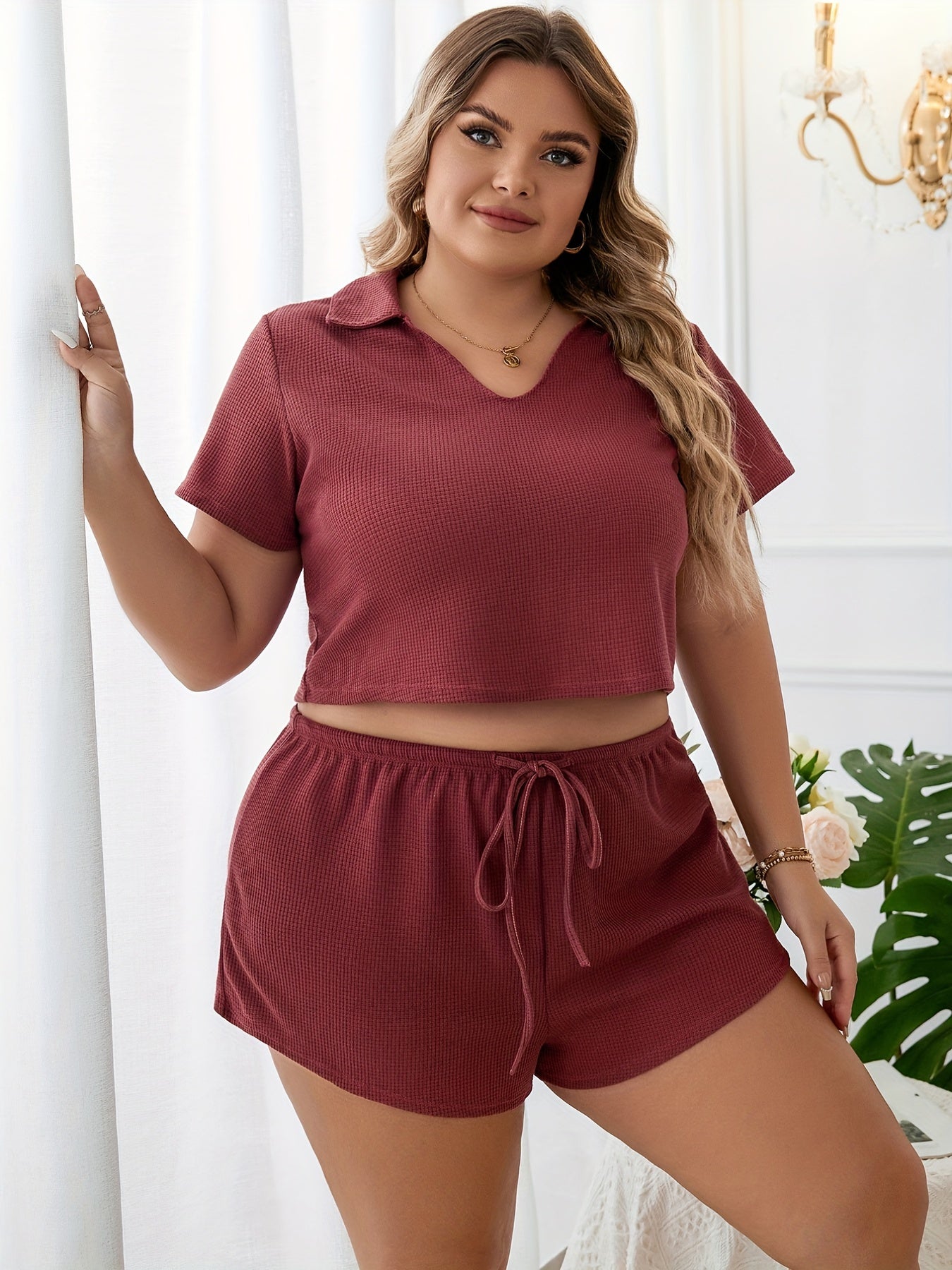 Solid Waffle Knit Crop Top & Shorts Pajama Set