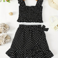 Girls' 2 Piece Outfit Shirred Crop Top & Frilled Mini Skirt Set