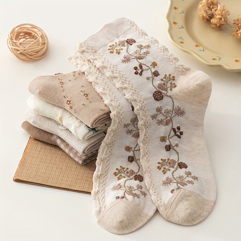 5 Pairs Floral Print Socks Comfy & Ruffle Women's Stockings