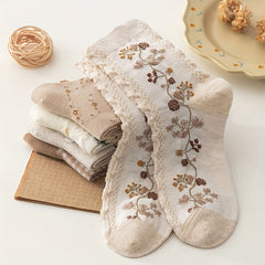 5 Pairs Floral Print Socks Comfy & Ruffle Women's Stockings