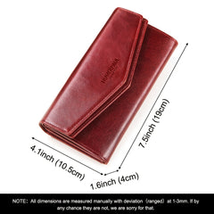 Women's Vintage Envelope Wallet Top Grain Leather Snap Closure Zip Pocket