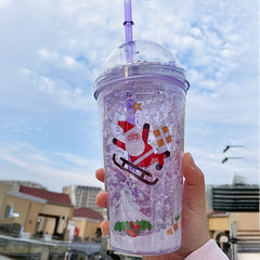 450ml Christmas Pattern Double Layered Straw Water Cup