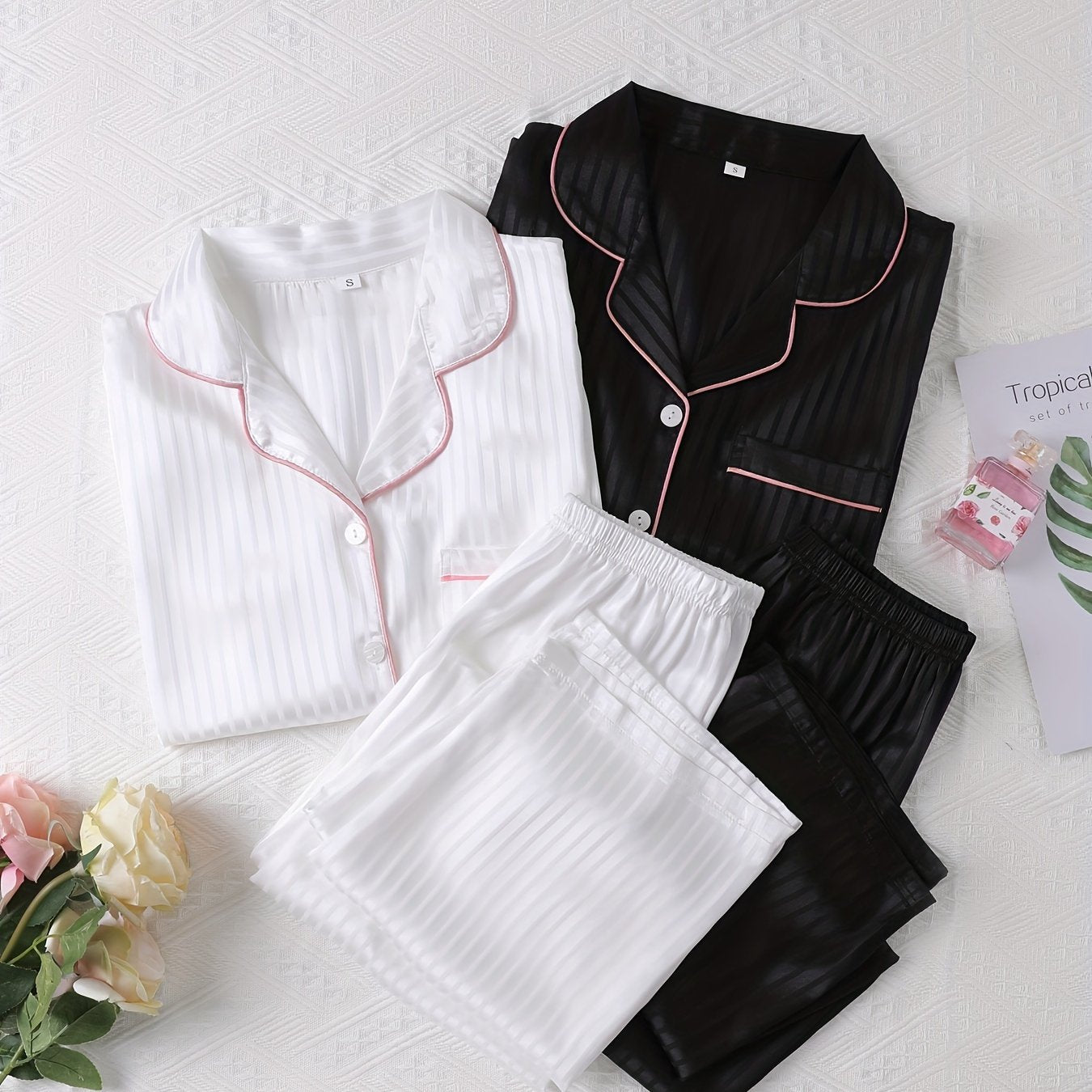 Striped Satin Lounge Set Long Sleeve Top & Pants Women's Loungewear