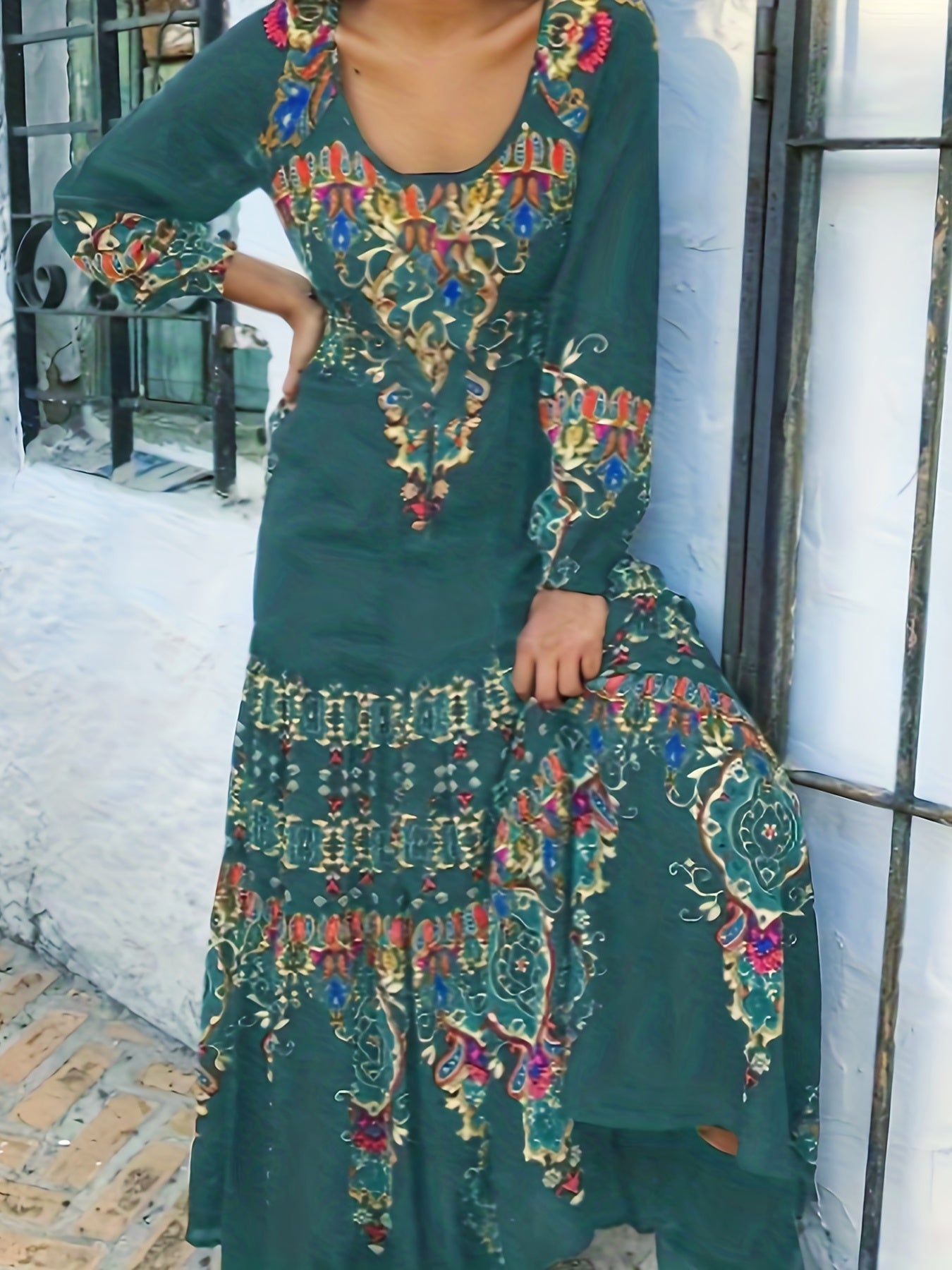 Boho Dress Women's Plus Tribal Print Long Sleeve Scoop Neck Medium Str