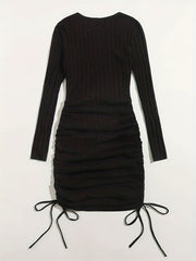 Ribbed Knit Drawstring Ruched Dress Long Sleeve Crew Neck Dress