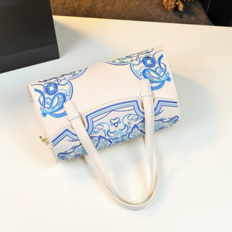 Vintage Chinese Embroidered Handbag, Porcelain Leather, Removable Stra