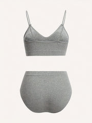3 Sets Solid Ribbed Bra & Panties Push Up Bra & Elastic Panties Lingerie Set