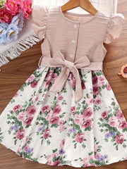 Girls Floral Print Ruffle Sleeve Dress with Belt