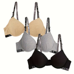 3pcs Letter Print Push Up Bras Comfortable Everyday Lingerie