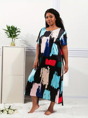 Colorblock Brush Print Round Neck Nightdress