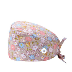 Cartoon Print Work Hat Adjustable Nurse Hat With Buttons Elastic Scrub Cap