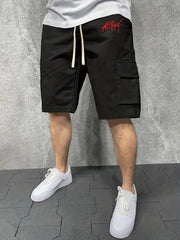 Red Letter Print Comfy Shorts Men's Casual Solid Slightly Stretch Knee
