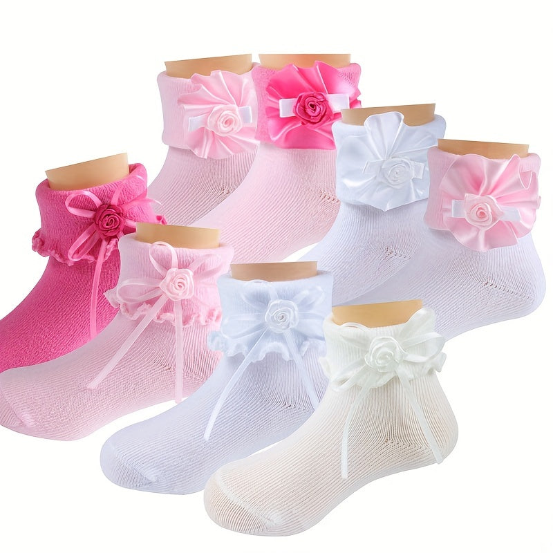 4 Pairs Girls Knit Ruffled Socks with Flower Decoration