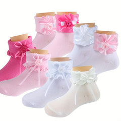 4 Pairs Girls Knit Ruffled Socks with Flower Decoration