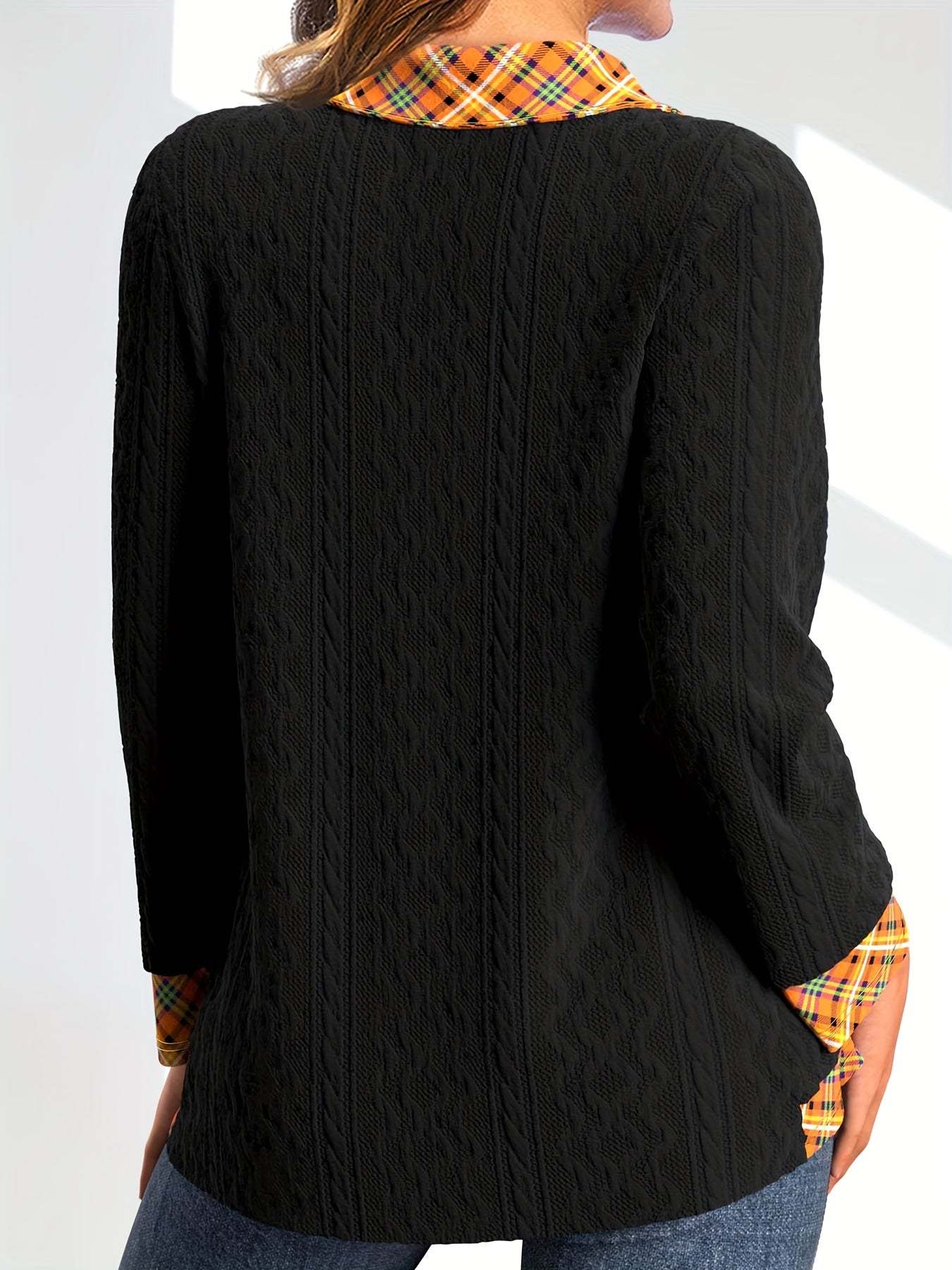 Colorblock Plaid Print Cable Long Sleeve V Neck Sweater