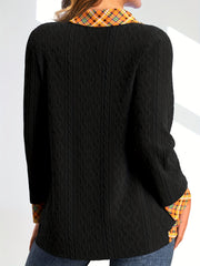 Colorblock Plaid Print Cable Long Sleeve V Neck Sweater