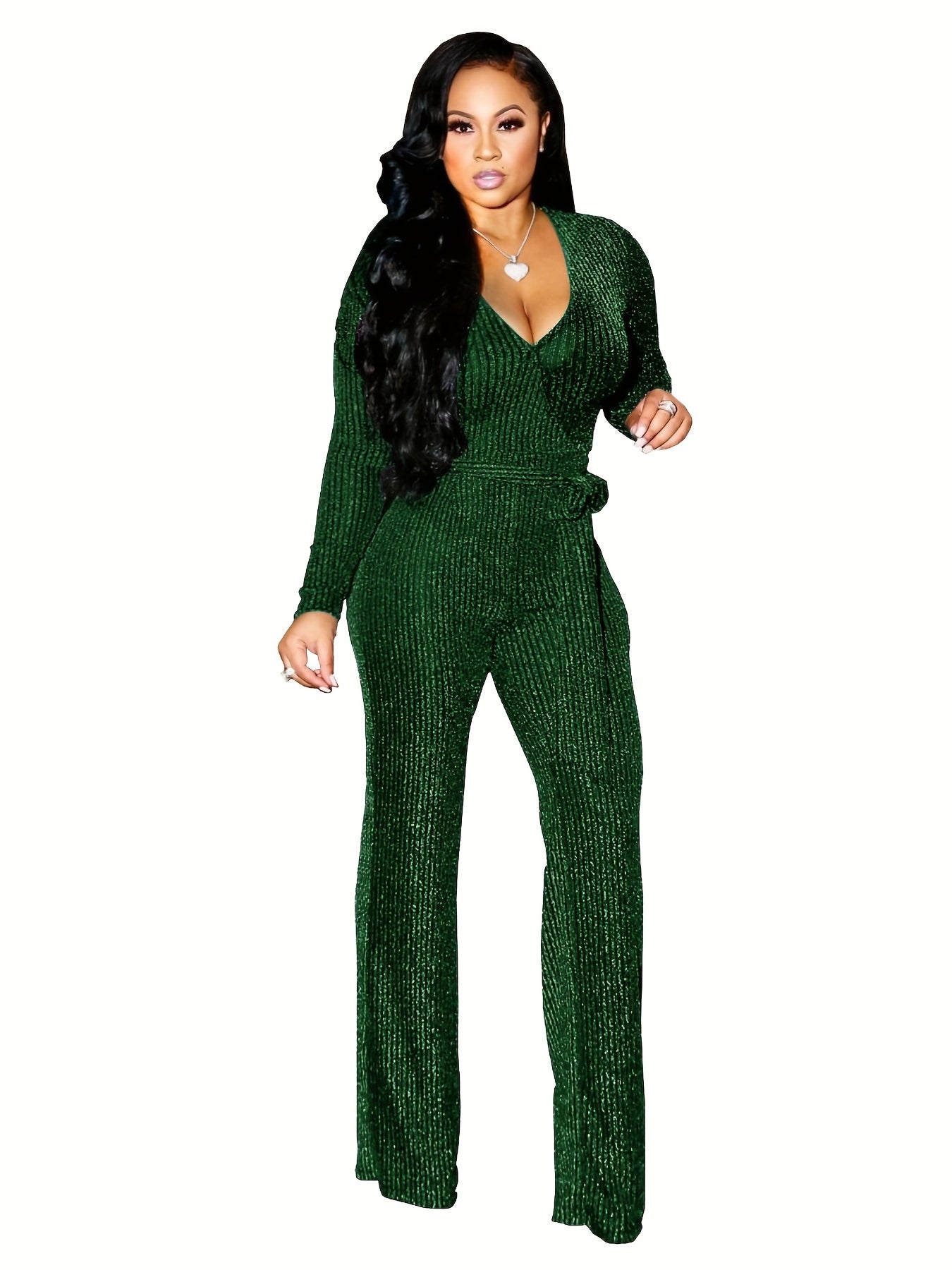V Neck Tie Waist Jumpsuit Long Sleeve Women's Clothing