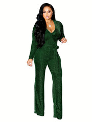 V Neck Tie Waist Jumpsuit Long Sleeve Women's Clothing