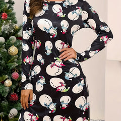 Christmas Dress Women's Plus Cartoon Deer & Snowflake Print