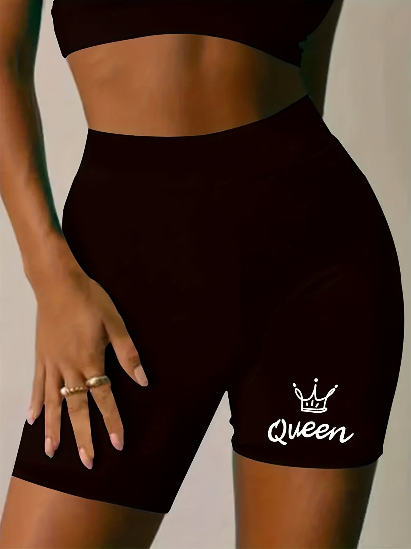Crown Letter Print High Rise Biker Shorts