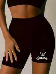 Crown Letter Print High Rise Biker Shorts