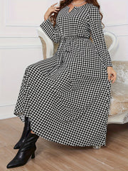 Houndstooth Print Long Sleeve Maxi Dress With Belt