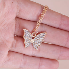Golden Butterfly Pendant Necklace Rhinestone Earrings Ring Pearl Jewelry Set