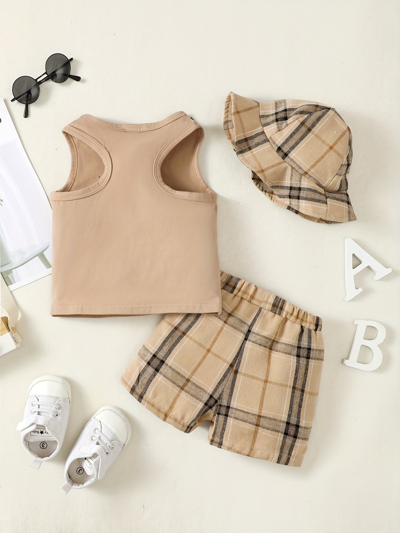 3pc Baby Boys Camera Print Tank Top Plaid Shorts Fisherman Hat Set
