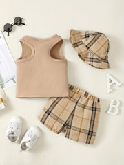 3pc Baby Boys Camera Print Tank Top Plaid Shorts Fisherman Hat Set