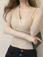 Surplice Neck Pullover Sweater Long Sleeve Slim