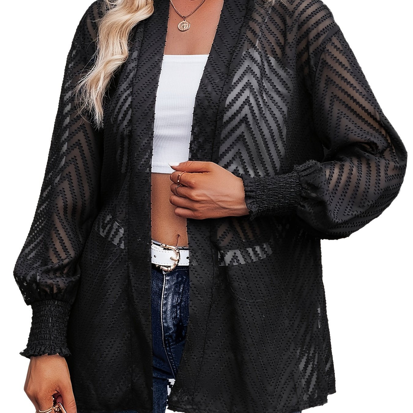 Chevron Print Long Sleeve Open Front Mesh Cardigan