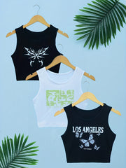 Graphic Print Tank Top 3 Pack Crew Neck Sleeveless Women's Clothing