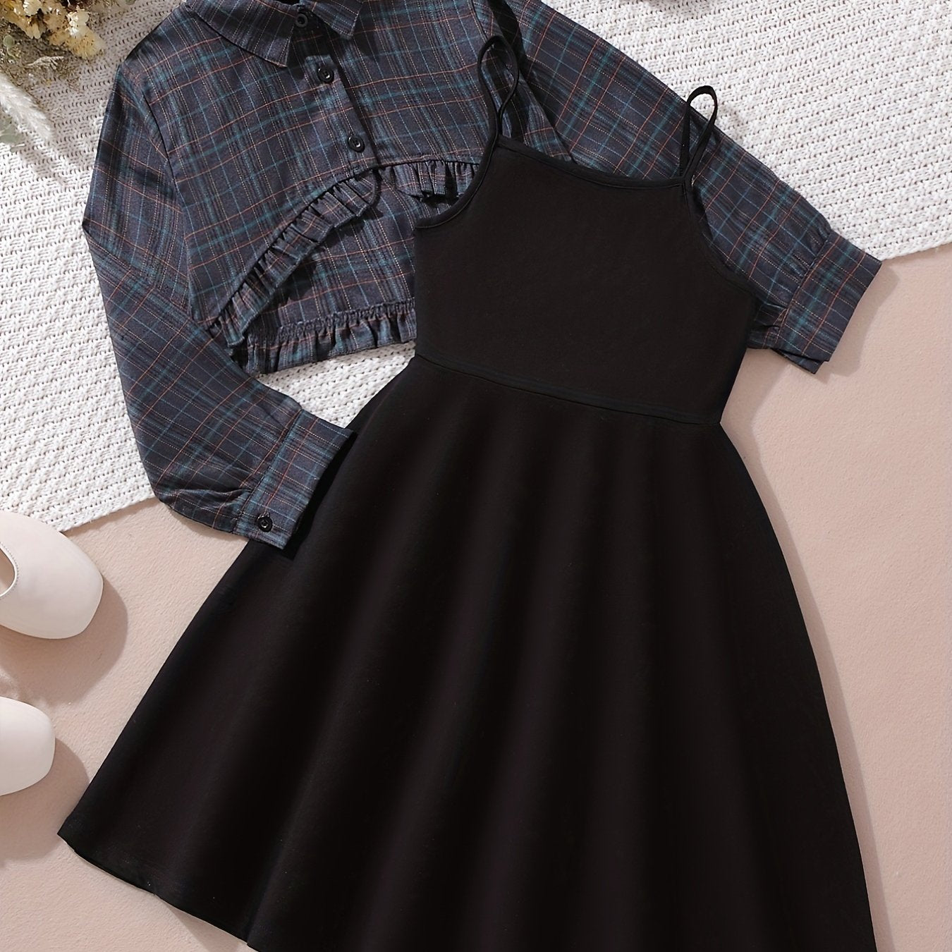 2pcs Girls Dress Clothes Plaid Long Sleeve Top Knit Cami Dress Set