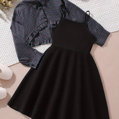 2pcs Girls Dress Clothes Plaid Long Sleeve Top Knit Cami Dress Set