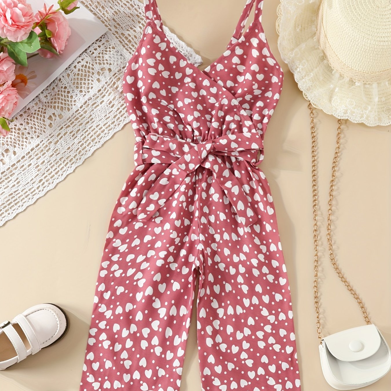 Toddlr Girls Heart Graphic Belted Cami Rompers for Beach Vacation