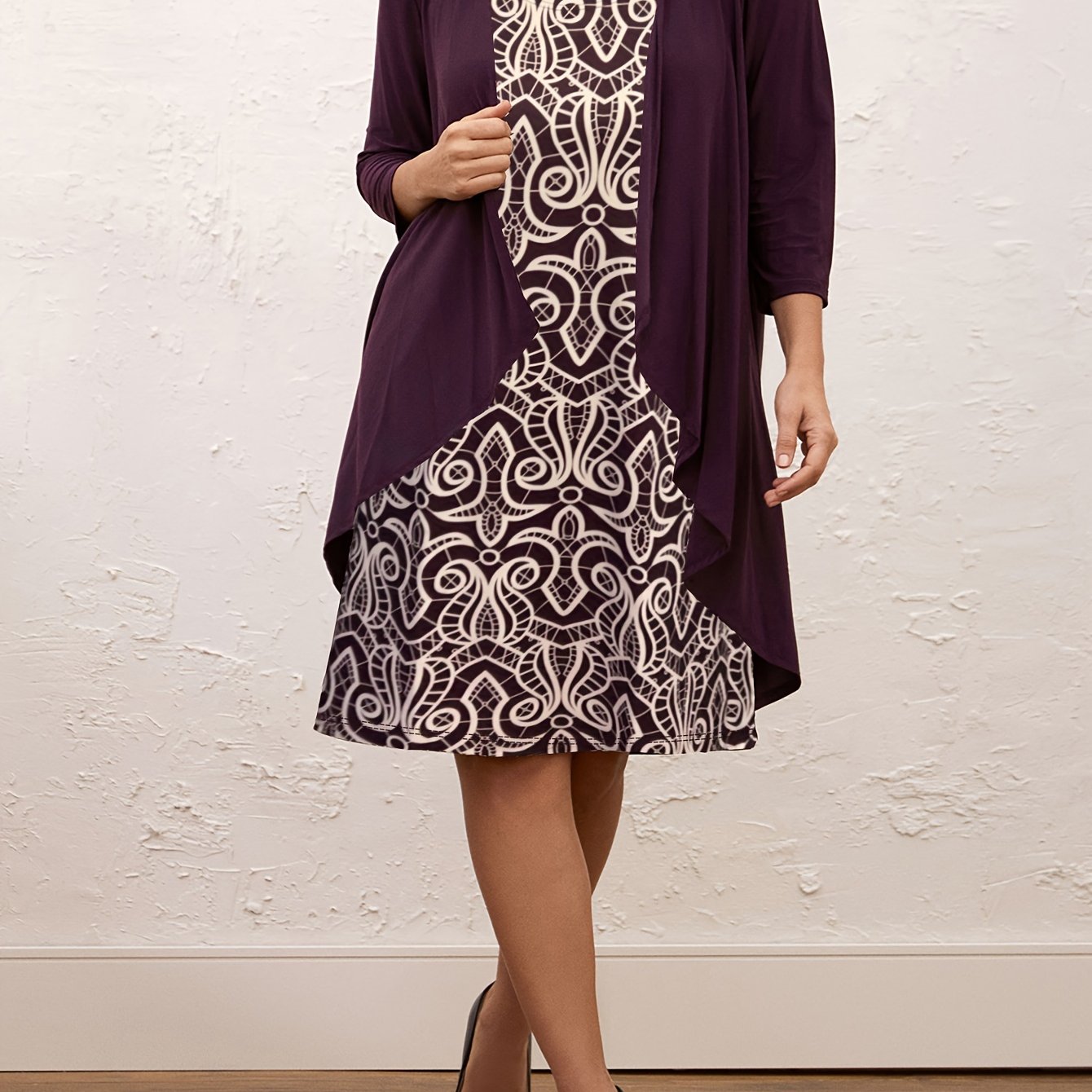 Plus Size Allover Print Tank Dress & Solid Open Front Coat Set