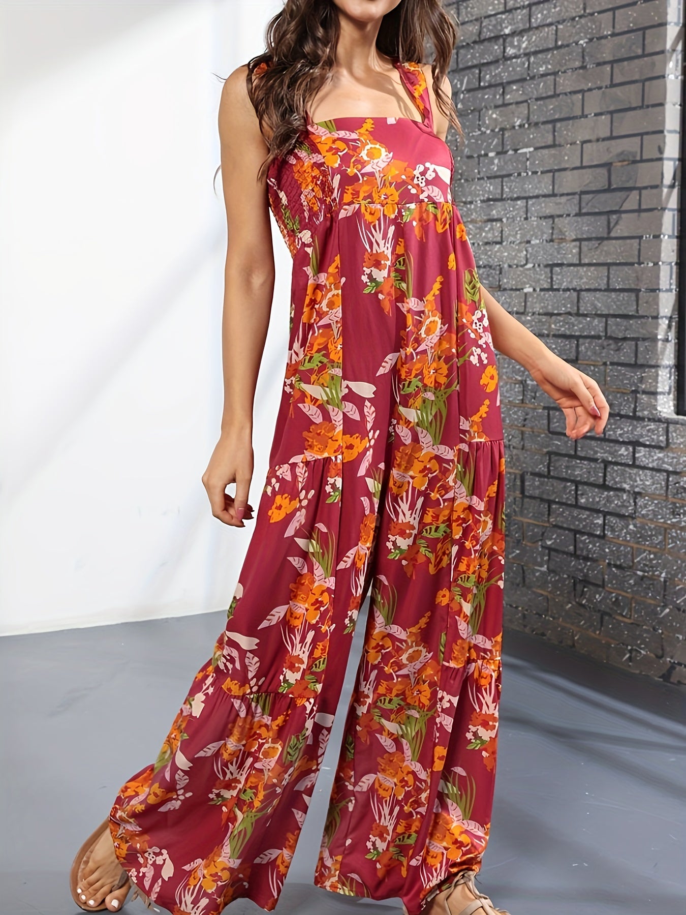 Floral Print Wide Leg Overalls
