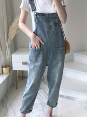 Loose Fit Denim Overalls Patch Pockets Non Stretch Adjustable Strap Versatile