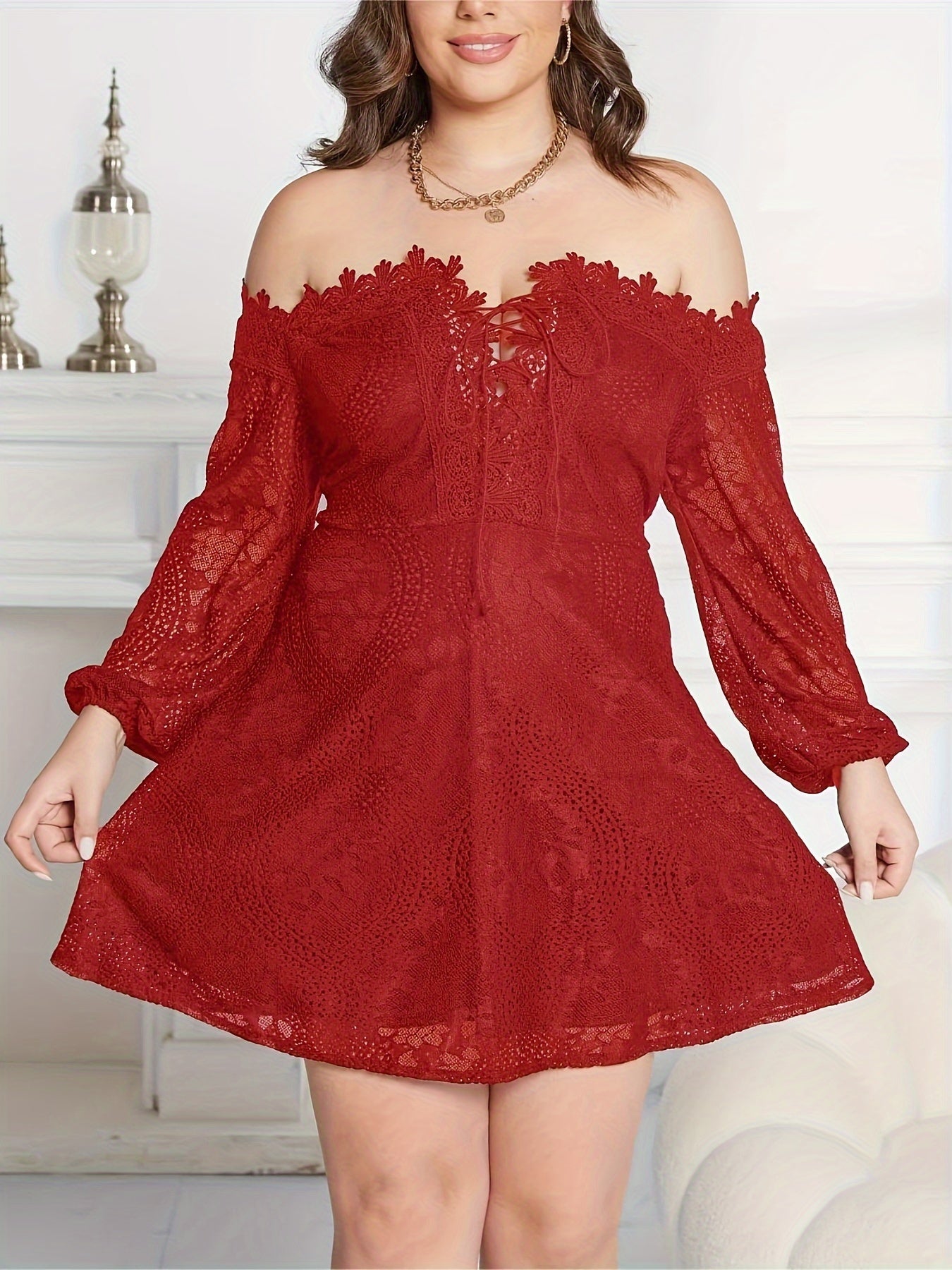 Lace Lantern Sleeve Off Shoulder Mini Dress