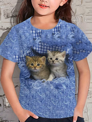 Adorable Kitty Graphic Crew Neck T shirt Girls Comfy Tees