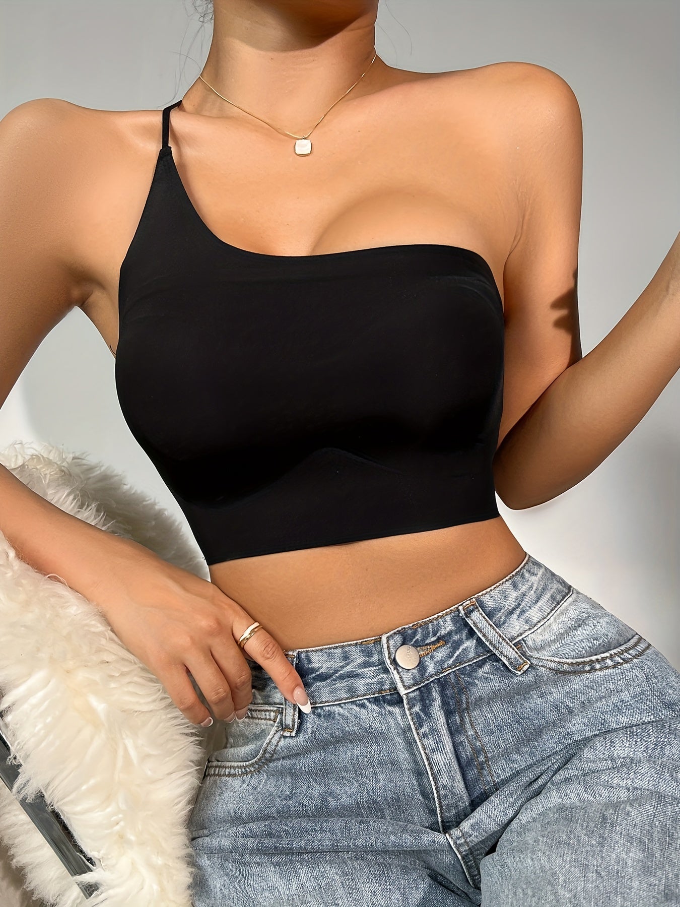 One Shoulder Strap Bralette Comfy Seamless Solid Bra