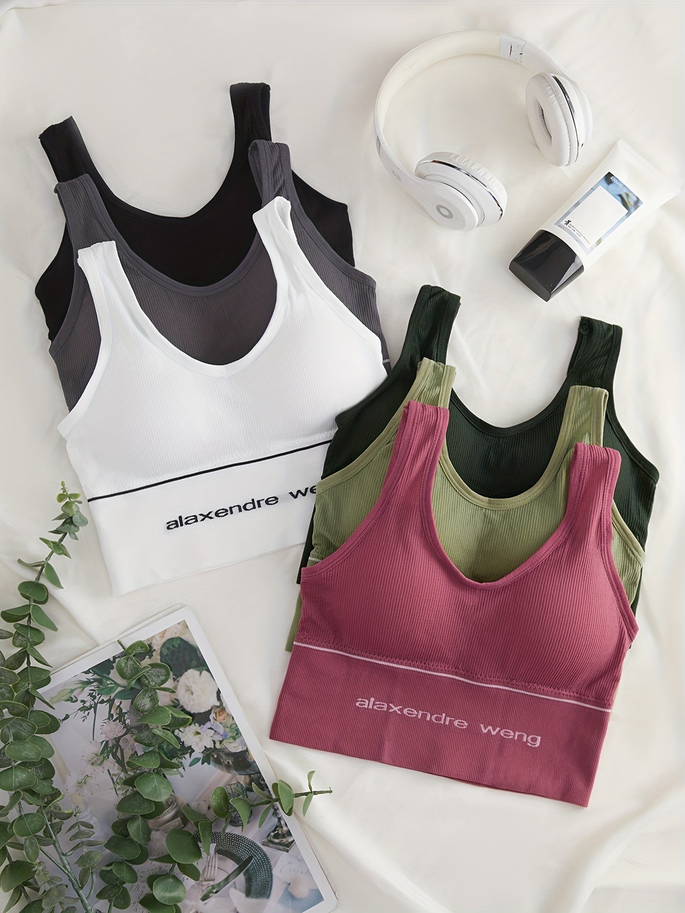 6pcs Letter Print Sports Bras, Breathable Running Workout Bra
