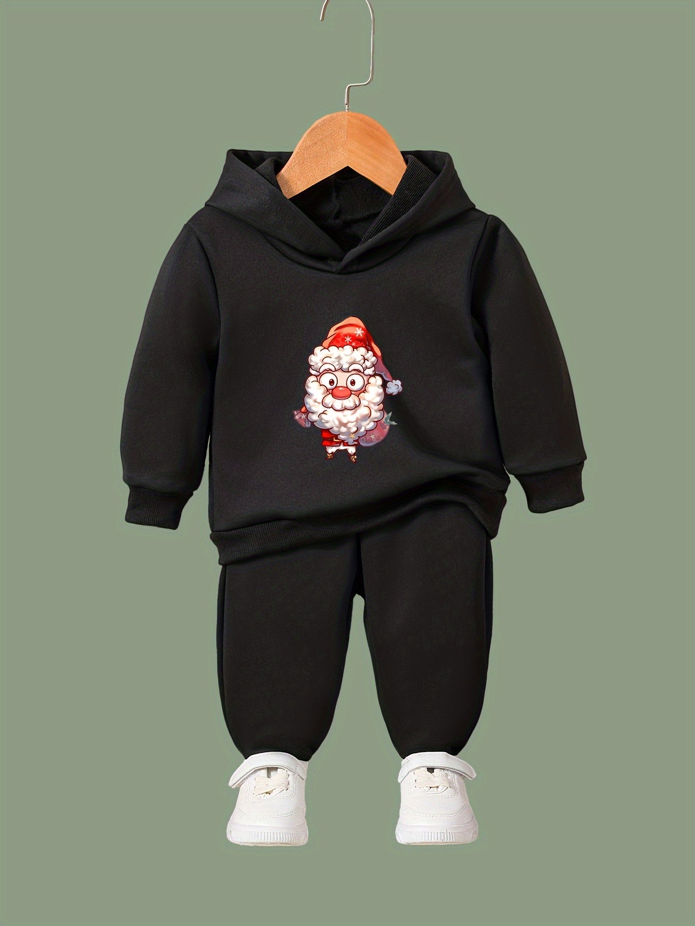 Santa Print Hooded Pullover Pants Set For Sports Spring Fall Gift