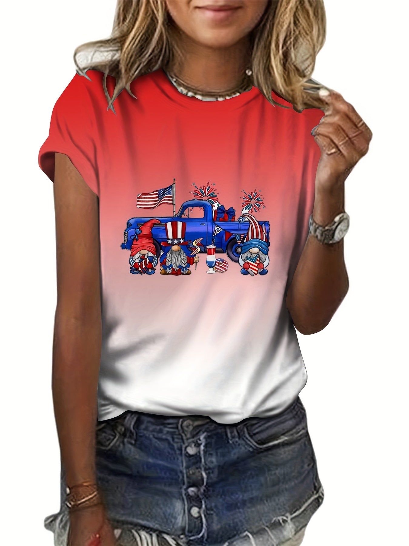 American Flag Cartoon Print Loose Short Sleeve T shirt