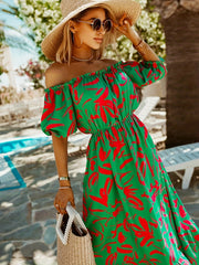 Graphic Print Off Shoulder Maxi Dress High Waist Vacation Puff Sleeve
